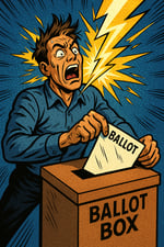 A person being struck by lightening as they submit their election ballot into a ballot box