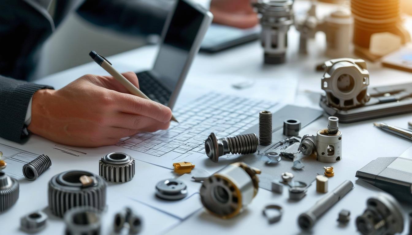 Business person with a few parts on desk sourcing replacement parts for broken machines on a supplier website