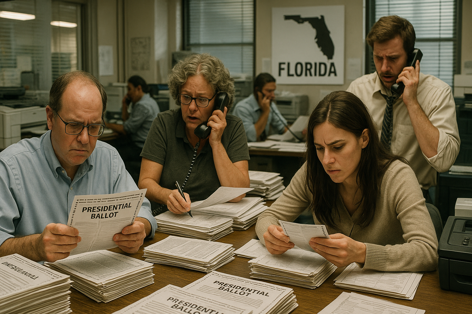 In a bustling election office in Florida a team of overworked officials is immersed in a whirlwind of activity their faces reflecting the stress of the highstakes task at hand With stacks of presidential ballots piled high around them they meticulous