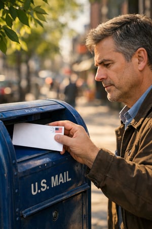 man mailing a letter by inserting it into a US mail box