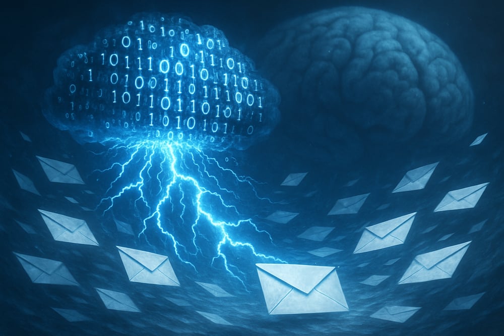 In a realistic style star wars style a futuristic data cloud with zeros and 1s emanating from it shoots lightening that pushes white postal envelopes along in a whirlwind of activity In the background is a barely discernable giant brain blue tones th