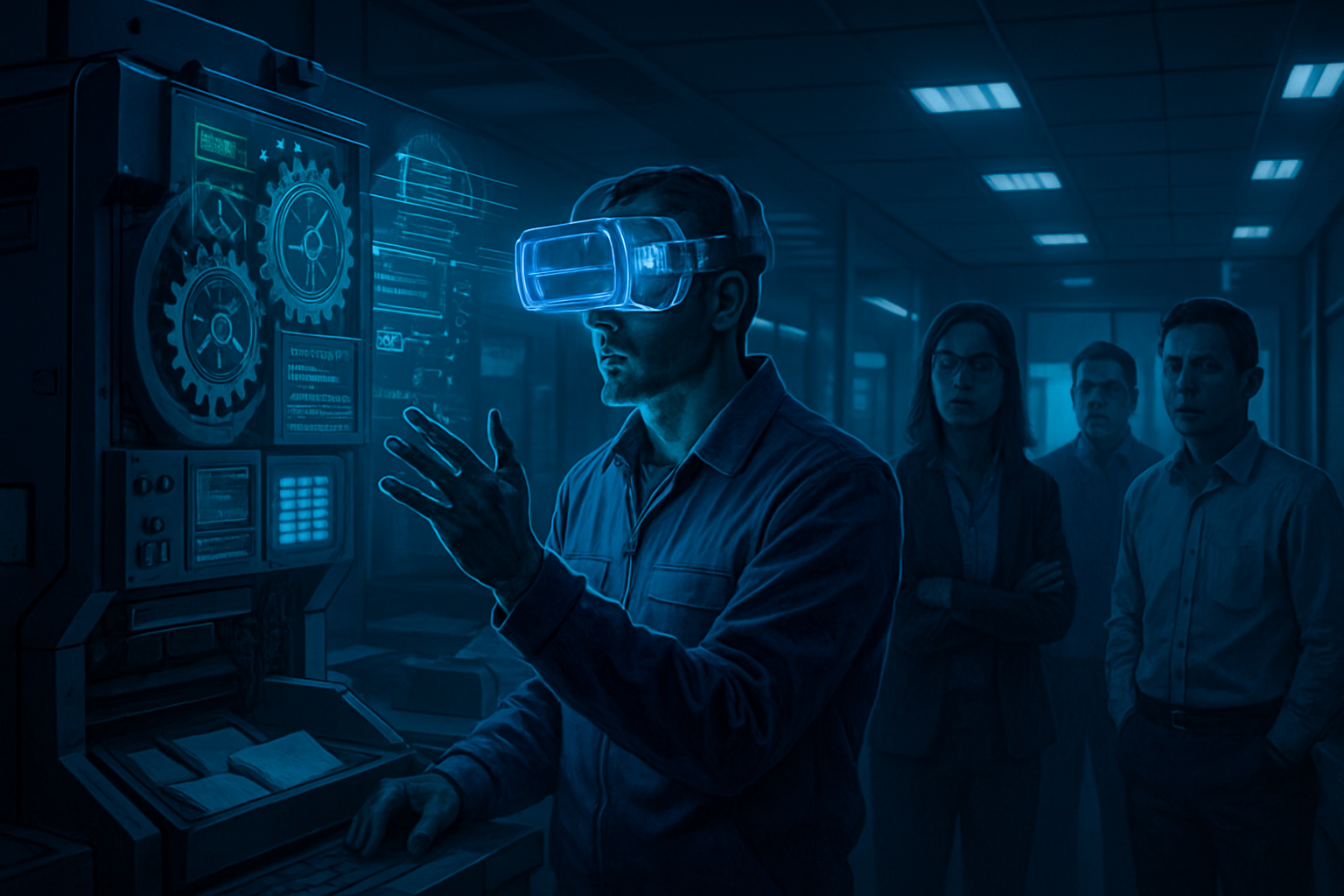 In a sleek hightech mail sorting facility a service technician stands at the center immersed in a futuristic virtual reality scenario Wearing advanced-3