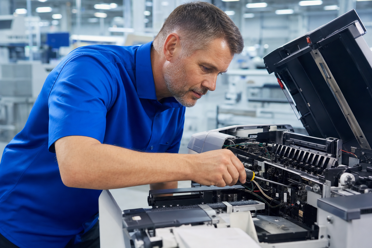 Service Technician Fixing Mail Machine