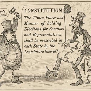 The political cartoon from the 1800s features a satirical depiction of the United States Constitution prominently showcasing the specific clause that outlines the authority of state legislatures to determine the Times Places and Manner of elections f