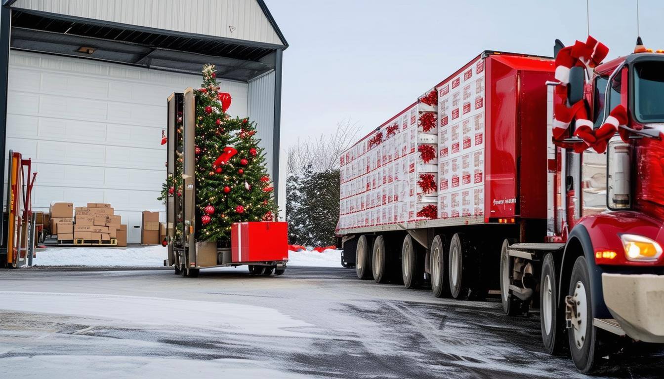 Trucks loading mail and packages for holiday order fulfillment