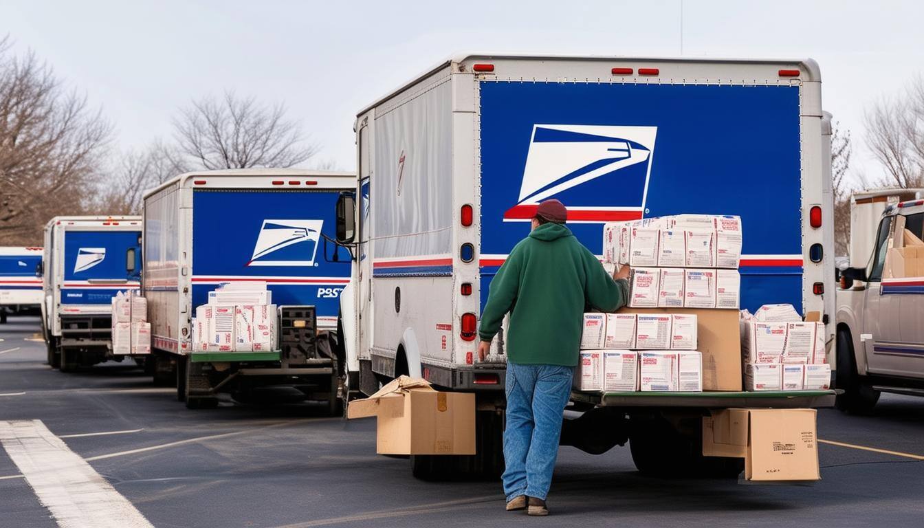USPS Trucks loading Holiday mail and packages for delivery