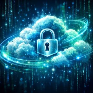 Visualize a dynamic data cloud pulsating with streams of glowing computer code and vibrant data flowing securely around it At the heart of this ethere