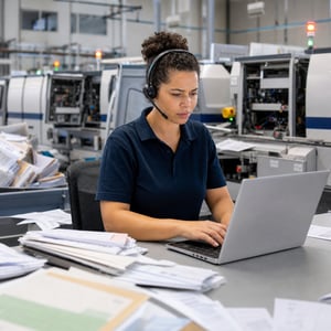 Woman at Mail Facility with Facility Breakdown and Envelopes