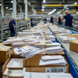 busy automated mail sortation facility processing large amount of letters and parcels in boxes and poly bags