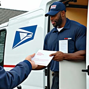 mail being delivered by postman via an official postal vehicle