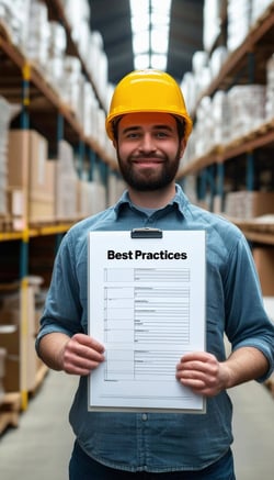 person in warehouse holding list of best practices