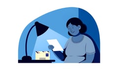 person pleased to be reading postal mail, blue tones