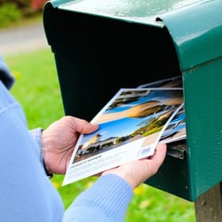 person removing postcards from mailbox