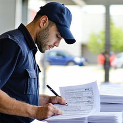 postal worker manually checking paper signature return receipts-1