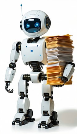 robot carrying a stack of mail on a white background