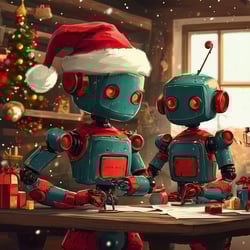 Robot elves working in Santas workshop