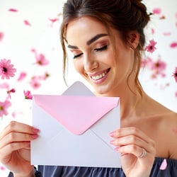 woman opening a pink fragrant letter received in the mail-1