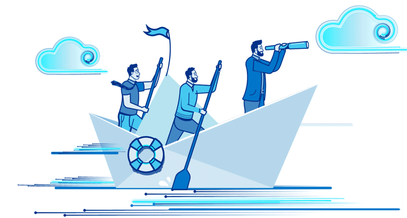 Illustration of BlueCrest employees sailing towards a brighter future