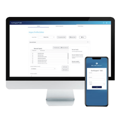 BlueCrest SortEngine 360 software screen on computer monitor and smart phone
