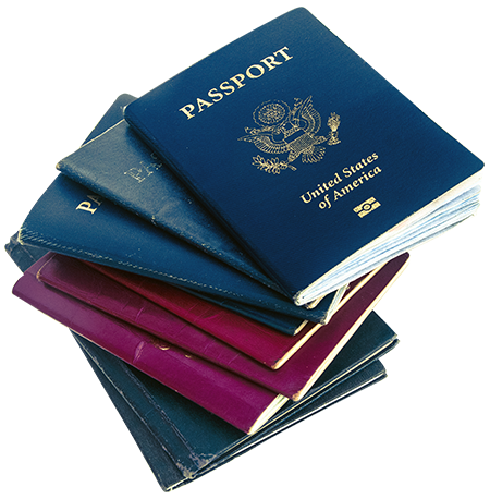 stack of passports from many countries