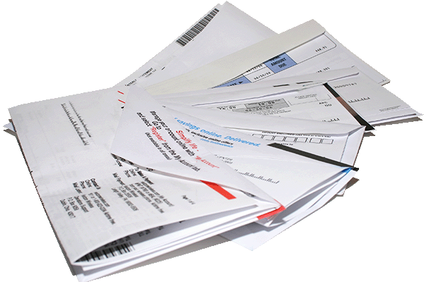 stack of utility statements, bills and envelopes