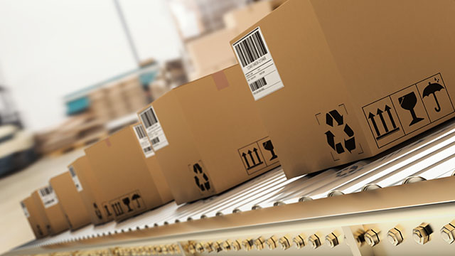 Packages moving along an automated sorter line in China