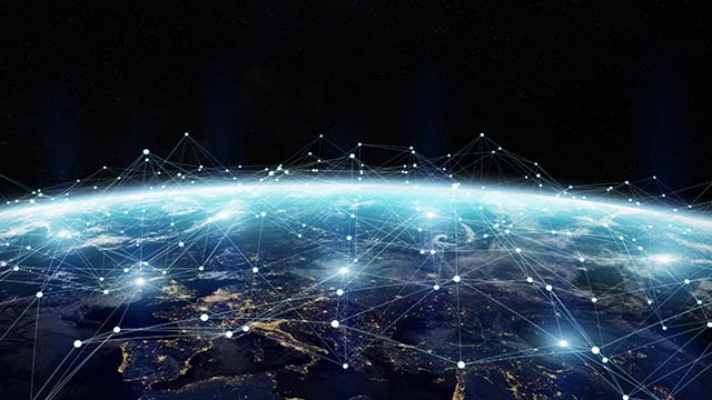 Earth from outer space with distribution network across planet