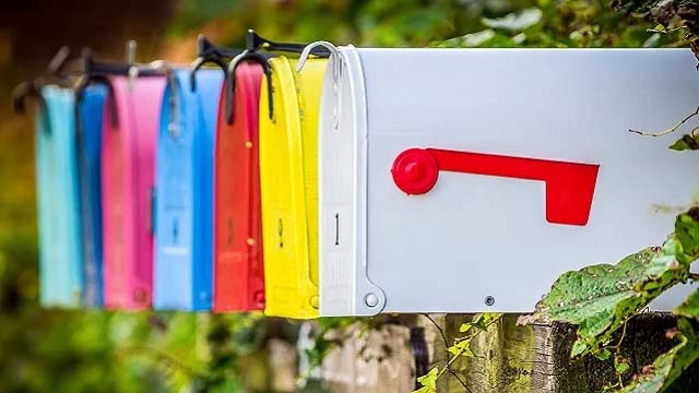 Brightly colored rural mailboxes