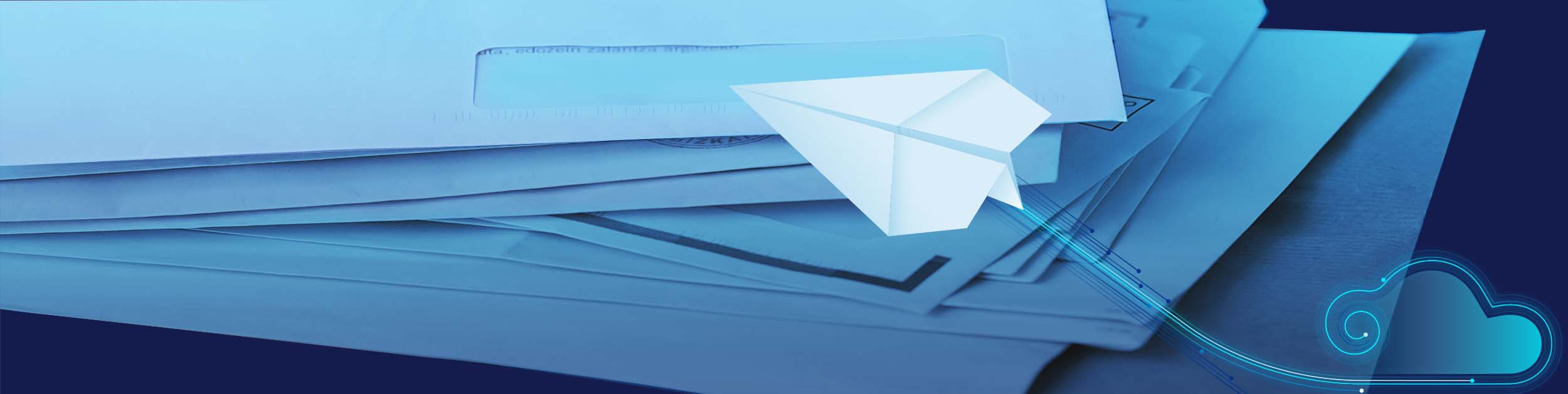 Transactional mail with BlueCrest paper airplane symbolizing data delivery and automation