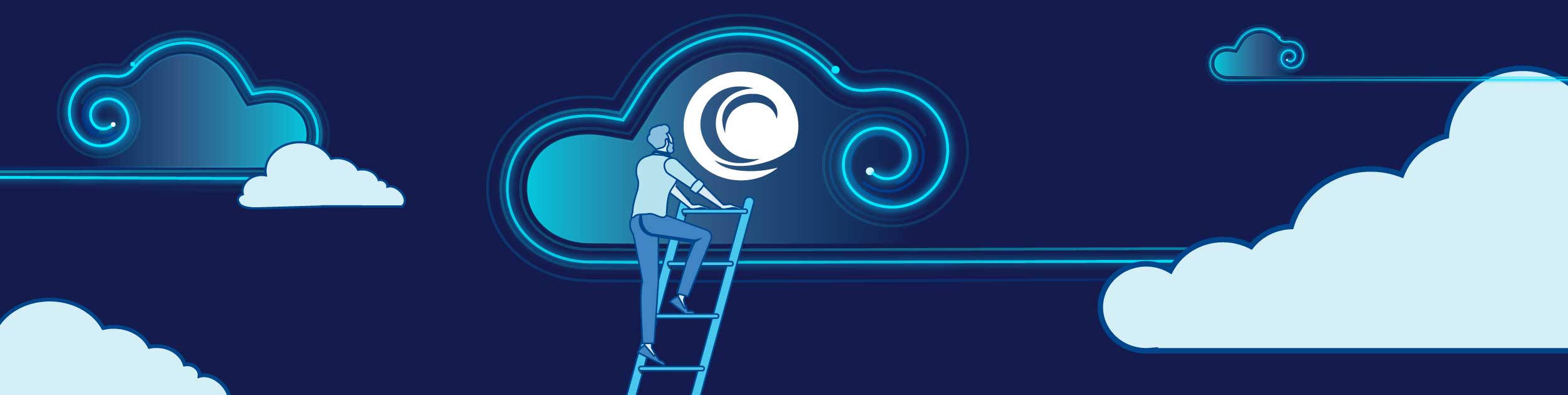 Illustration of BlueCrest employee climbing a ladder to the clouds