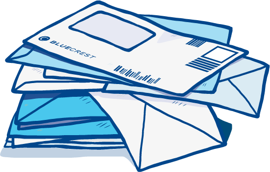 Illustration of BlueCrest branded envelopes printed on the Print+ Response