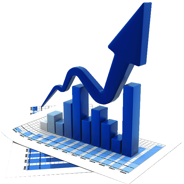 3-D reporting graphic with bar graph heading up